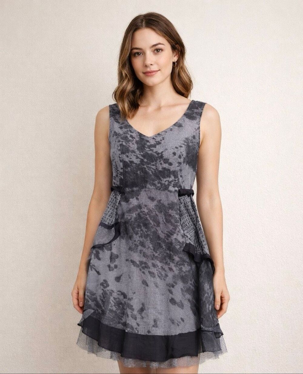 Lauren Vidal Gray Abstract Sleeveless Dress Ruffle Hem Women S